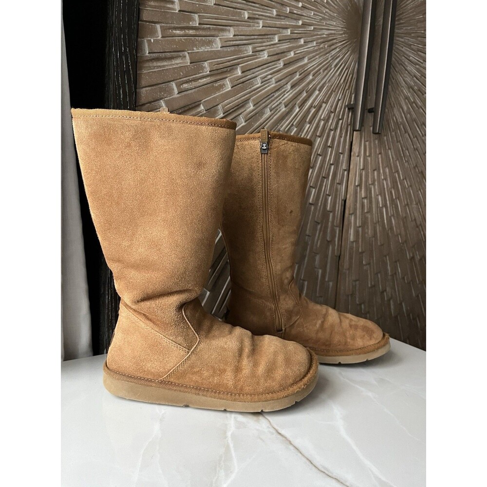 UGG 5235 Sheepskin Fur Wool Sunset Brown Suede Leather Tall Flat Boots Sz 7 Wmn
